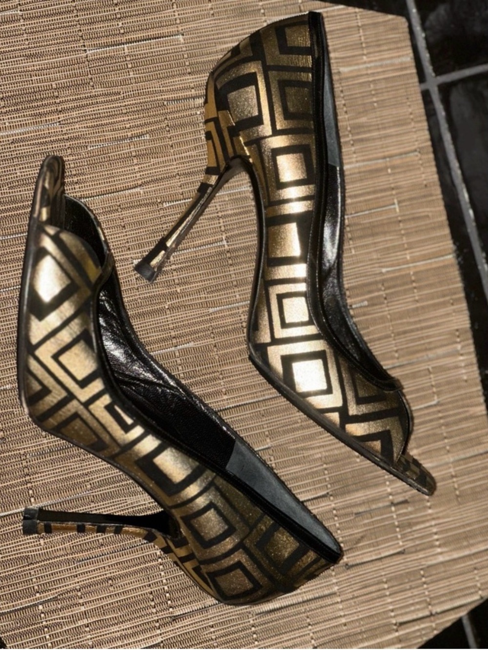 EUC Gianni Versace Gold and Black Geometric Peep-Toe Stiletto Runway Style - Picture 5 of 10